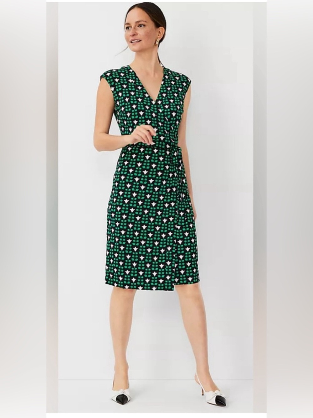 Ann Taylor Floral Tile Wrap Dress Green Black White Petite M NWT